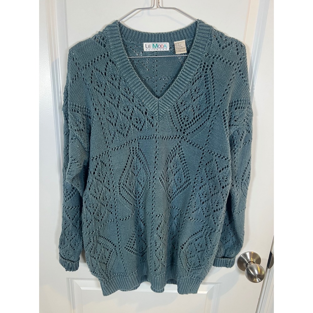 Le Moda Womens Sweater Pointelle Knit Diamond Pattern Blue Green Size S